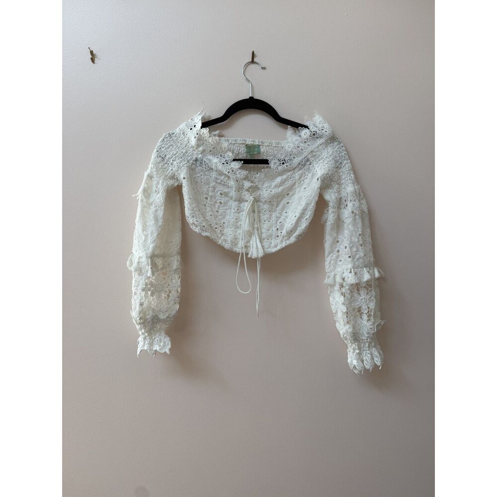 NWOT Antica Sartoria by Giacomo Cinque Positano White Lace Cropped Tie Top S-M